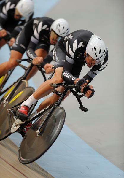 Rotorua's Sam Bewley leads the team pursuit squad at training at the ILT Velodrome in Invercargill ahead of this month's UCI Track World Championships.